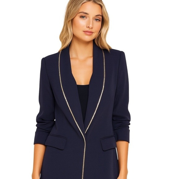 Vici Jackets & Blazers - Vici Navy Blue Gold Chain Trim Blazer Cardigan Blazer Size Small Elegant Chic